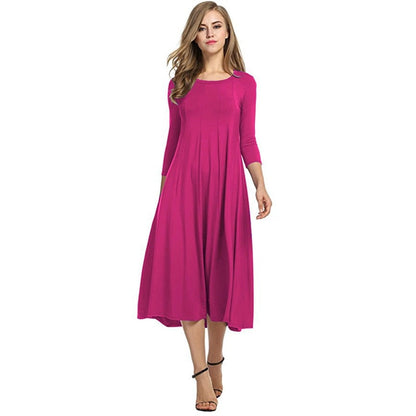 2022 Spring Autumn Fashion Women&amp;#39;s Ladies Mid Sleeve Long Dress Crew Neck Solid Color Big Hem Plus Size Female Party Casual Wear