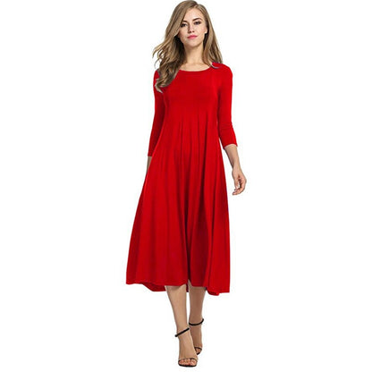 2022 Spring Autumn Fashion Women&amp;#39;s Ladies Mid Sleeve Long Dress Crew Neck Solid Color Big Hem Plus Size Female Party Casual Wear
