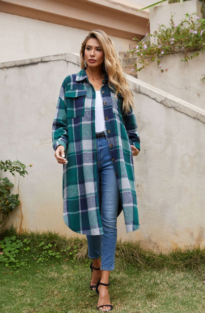Womens Casual Plaid Wool Blend Button Down Long Sleeve Shirt Oversize Lapel Shacket Jacket Coat Flannel Peacoat