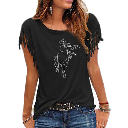 2020 New Creative Horse Women Cotton Tassel Casual T-shirt Clothing animals Tees Short Sleeve O-neck Women&#39;s t shirt