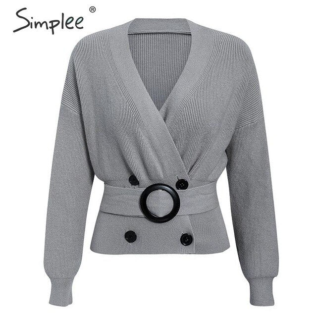 Simplee Elegant v-neck button sash women cardigan sweater Autumn winter female cardigan coat Casual ladies outwear jumper coat