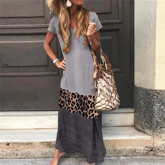 Vintage Leopard Long Dress Plus Size Loose Beach Summer Dress Fashion Casual Women Dress Long Sleeve & Short For Choice