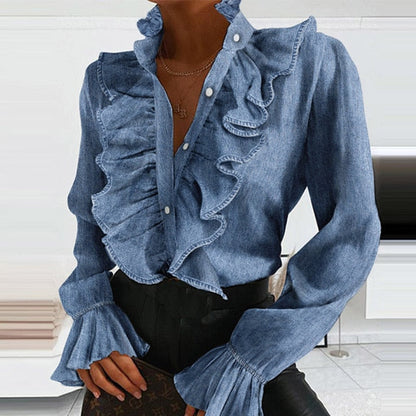 Casual Leopard Dot Print Ruffle Blouse Shirt Autumn Winter Long Sleeve Women Shirts Elegant Office Lady V-Neck Button Tops Blusa